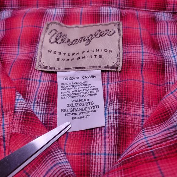 Wrangler Pearl Snap Western Red White Plaid Short Sleeve Men's Shirt 2XL - Picture 3 of 5